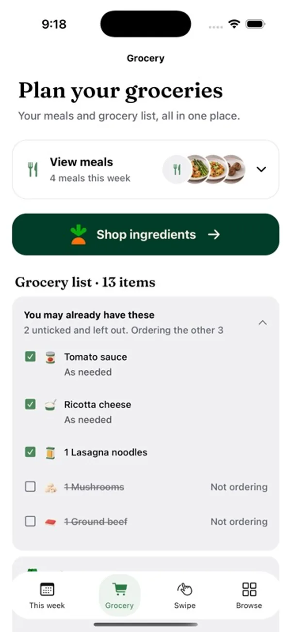 Grocery screen showing the week's ingredients and a shop action