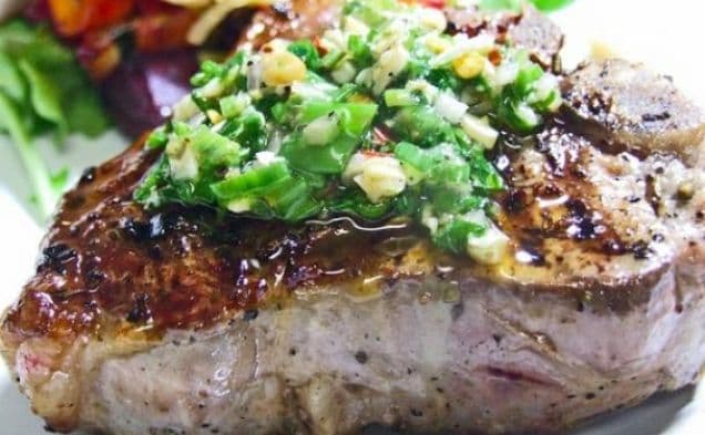 Pan-seared lamb loin topped with fresh chimichurri